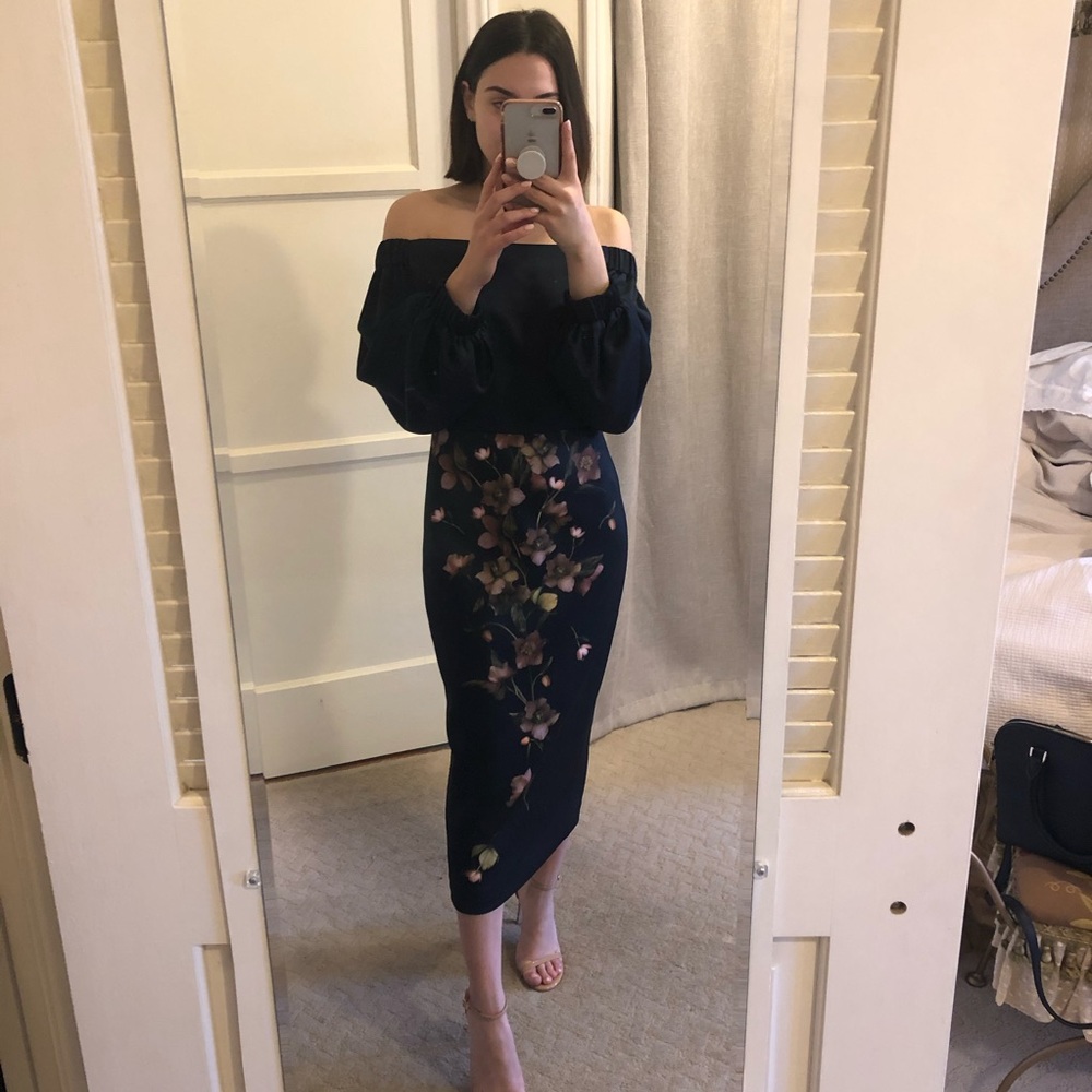 Ted Baker Navy Beaa Midi Off the Shoulder Dress